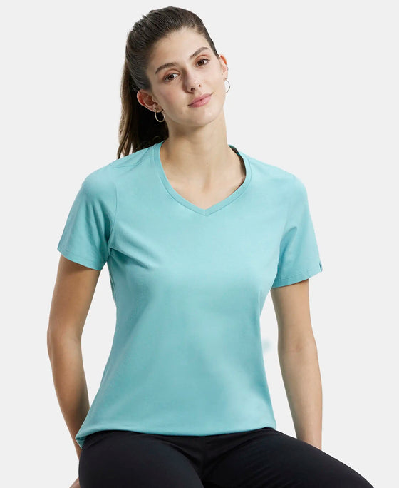 Super Combed Cotton Elastane Regular Fit Solid V Neck Half Sleeve T-Shirt - Nile Blue-5