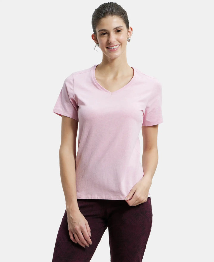 Super Combed Cotton Elastane Regular Fit Solid V Neck Half Sleeve T-Shirt - Pink Lady Melange-1