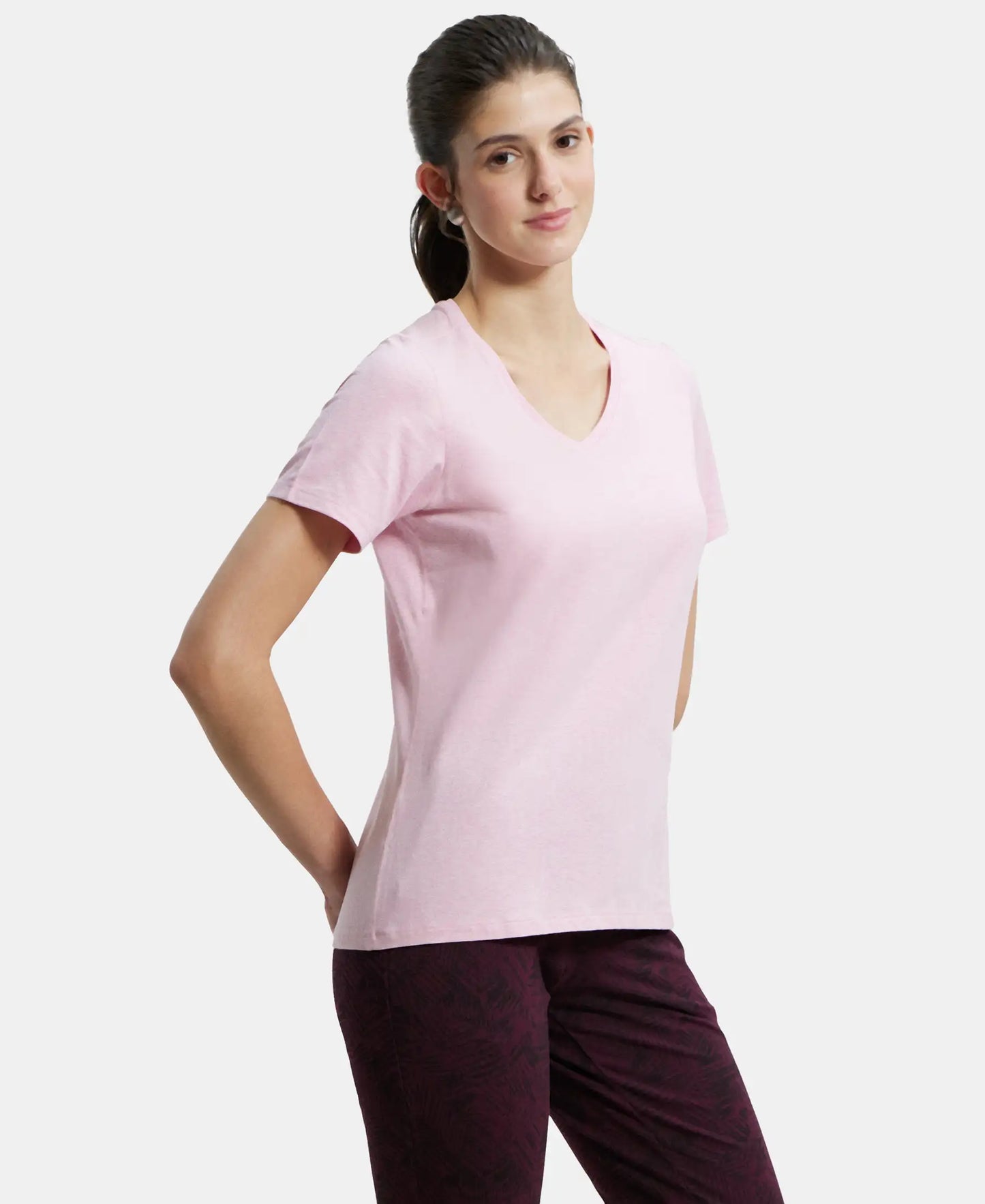 Super Combed Cotton Elastane Regular Fit Solid V Neck Half Sleeve T-Shirt - Pink Lady Melange-2