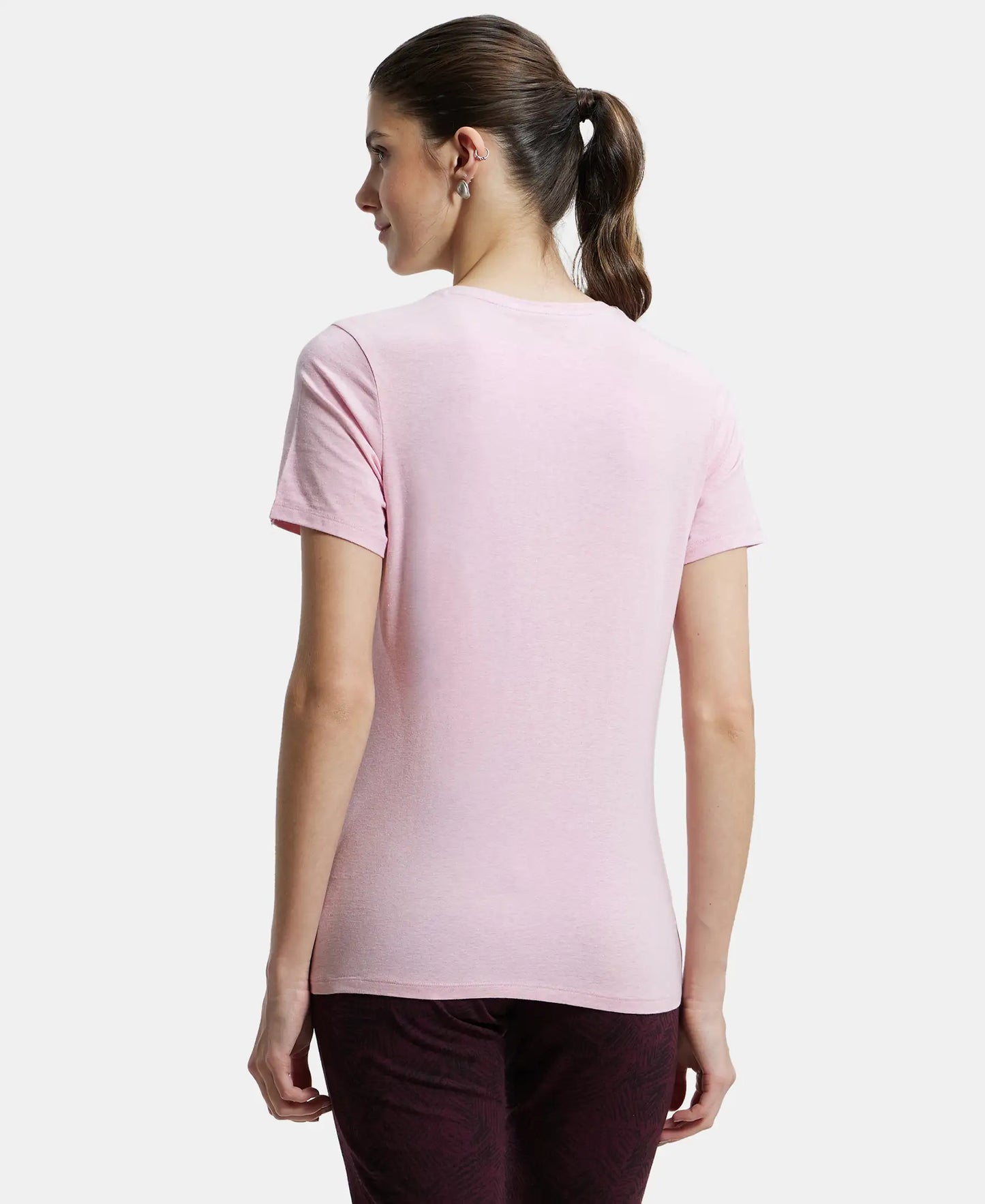 Super Combed Cotton Elastane Regular Fit Solid V Neck Half Sleeve T-Shirt - Pink Lady Melange-3