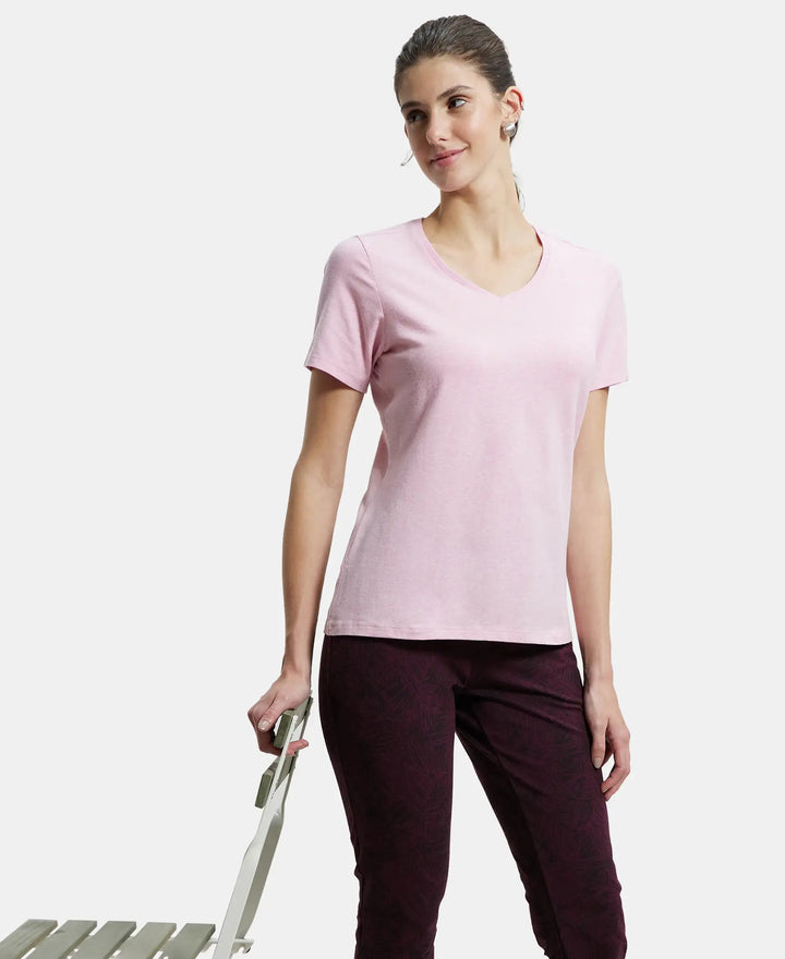 Super Combed Cotton Elastane Regular Fit Solid V Neck Half Sleeve T-Shirt - Pink Lady Melange-5