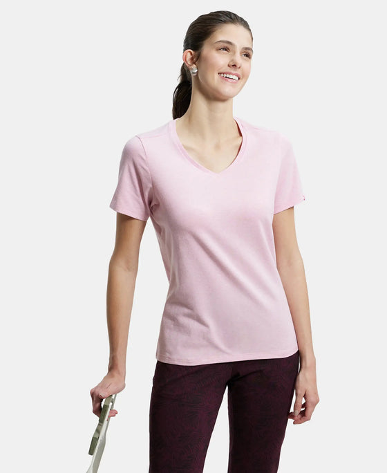 Super Combed Cotton Elastane Regular Fit Solid V Neck Half Sleeve T-Shirt - Pink Lady Melange-6