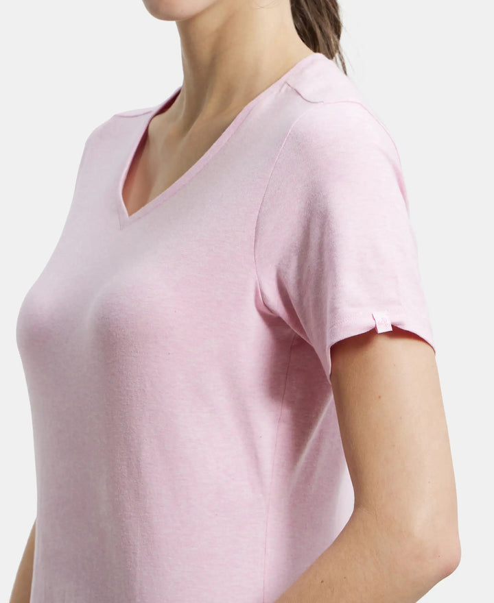 Super Combed Cotton Elastane Regular Fit Solid V Neck Half Sleeve T-Shirt - Pink Lady Melange-7