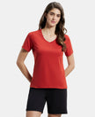 Super Combed Cotton Elastane Regular Fit Solid V Neck Half Sleeve T-Shirt - Red Wood-1