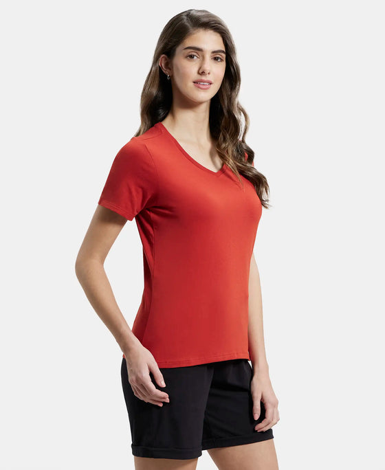 Super Combed Cotton Elastane Regular Fit Solid V Neck Half Sleeve T-Shirt - Red Wood-2