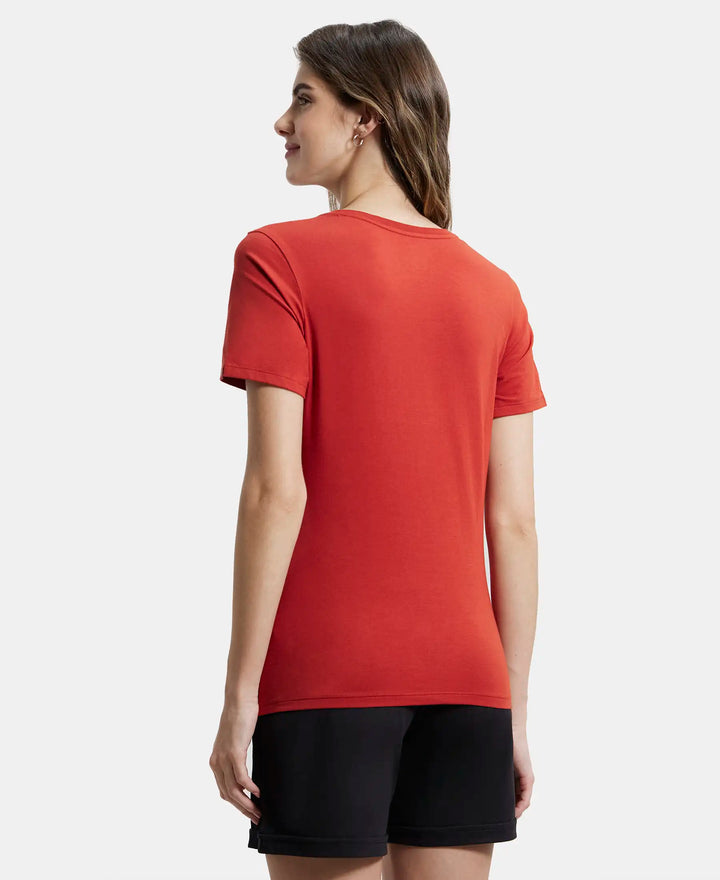Super Combed Cotton Elastane Regular Fit Solid V Neck Half Sleeve T-Shirt - Red Wood-3