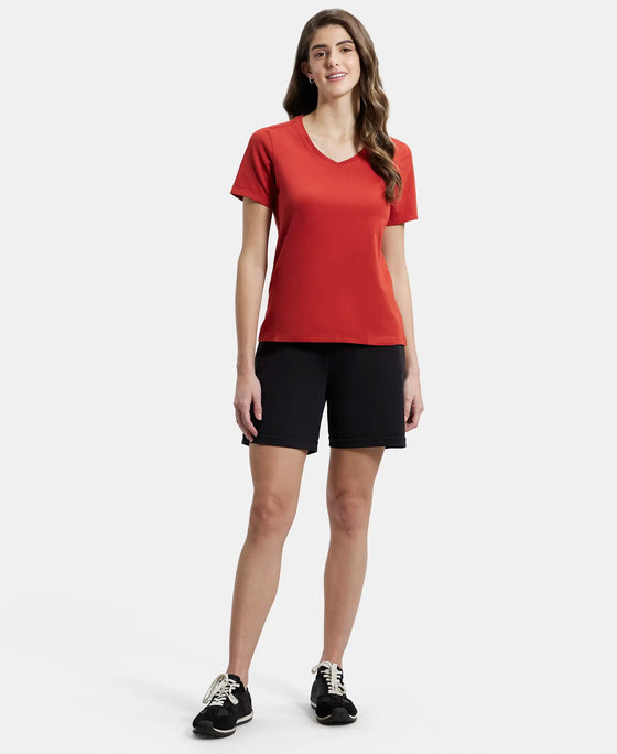 Super Combed Cotton Elastane Regular Fit Solid V Neck Half Sleeve T-Shirt - Red Wood-4