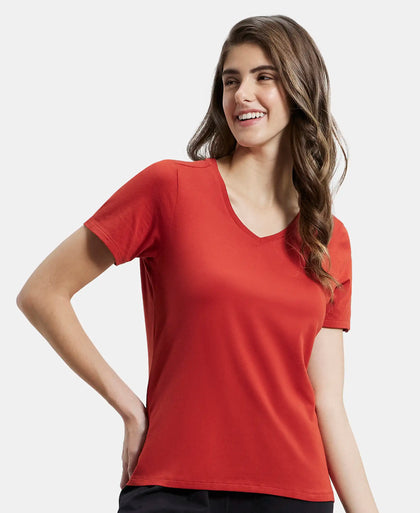 Super Combed Cotton Elastane Regular Fit Solid V Neck Half Sleeve T-Shirt - Red Wood-5