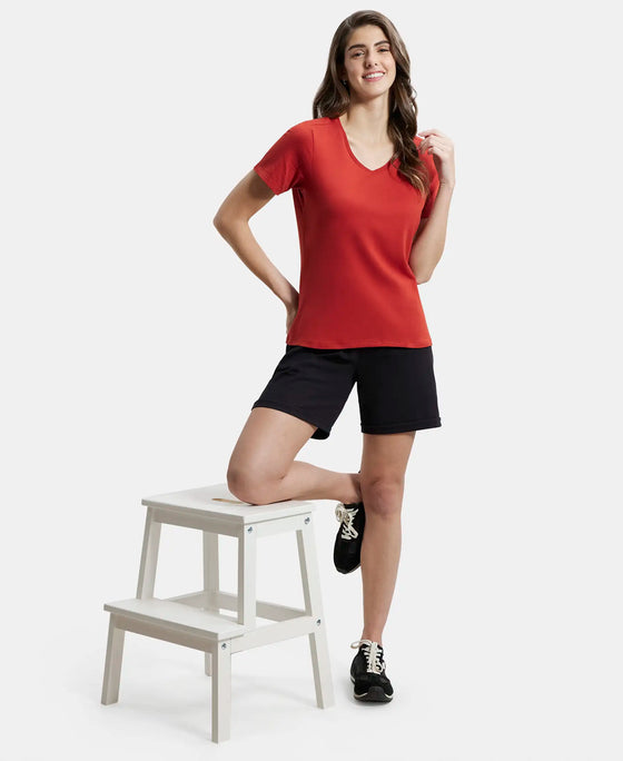 Super Combed Cotton Elastane Regular Fit Solid V Neck Half Sleeve T-Shirt - Red Wood-6