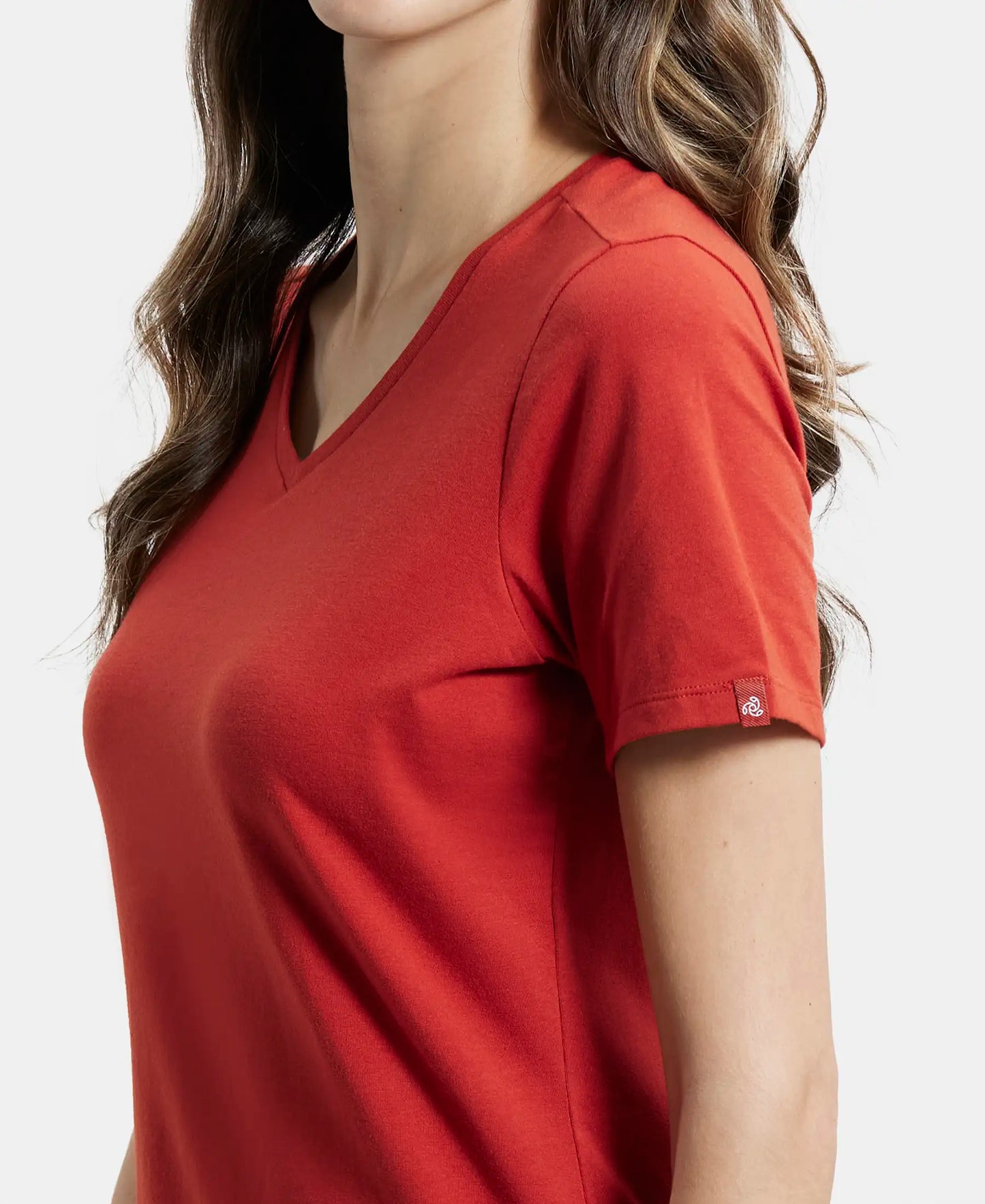 Super Combed Cotton Elastane Regular Fit Solid V Neck Half Sleeve T-Shirt - Red Wood-7
