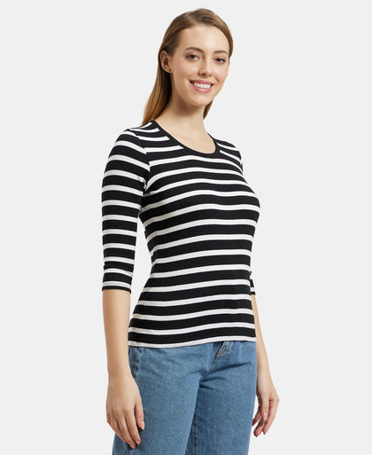 Super Combed Cotton Elastane Slim Fit Striped Round Neck Three Quarter Sleeve T-Shirt - Assorted-2