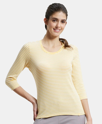 Super Combed Cotton Elastane Slim Fit Striped Round Neck Three Quarter Sleeve T-Shirt - Banana Cream & White-5