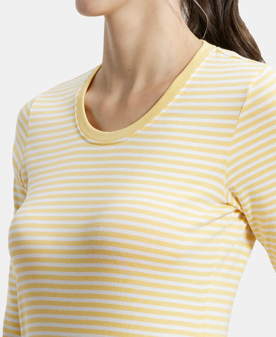 Super Combed Cotton Elastane Slim Fit Striped Round Neck Three Quarter Sleeve T-Shirt - Banana Cream & White-7