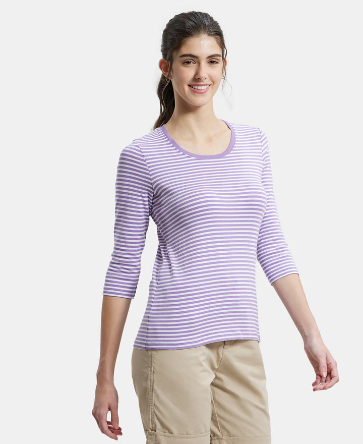Super Combed Cotton Elastane Slim Fit Striped Round Neck Three Quarter Sleeve T-Shirt - Paisley Purple & White-2