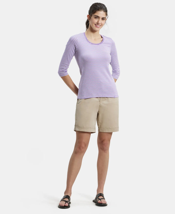 Super Combed Cotton Elastane Slim Fit Striped Round Neck Three Quarter Sleeve T-Shirt - Paisley Purple & White-4