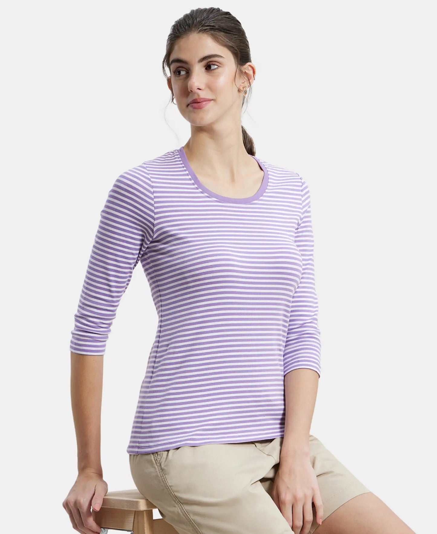 Super Combed Cotton Elastane Slim Fit Striped Round Neck Three Quarter Sleeve T-Shirt - Paisley Purple & White-5