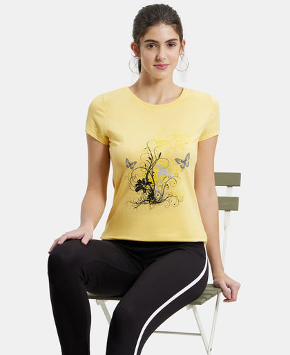 Super Combed Cotton Elastane Stretch Regular Fit Graphic Printed Round Neck Half Sleeve T-Shirt  - Banana cream print045-5