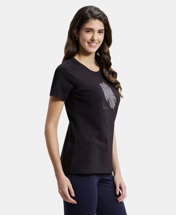 Super Combed Cotton Elastane Stretch Regular Fit Graphic Printed Round Neck Half Sleeve T-Shirt  - Black-2