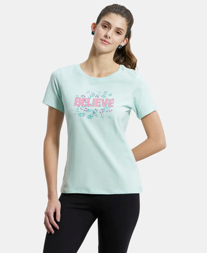 Super Combed Cotton Elastane Stretch Regular Fit Graphic Printed Round Neck Half Sleeve T-Shirt  - Blue tint melange print051-1