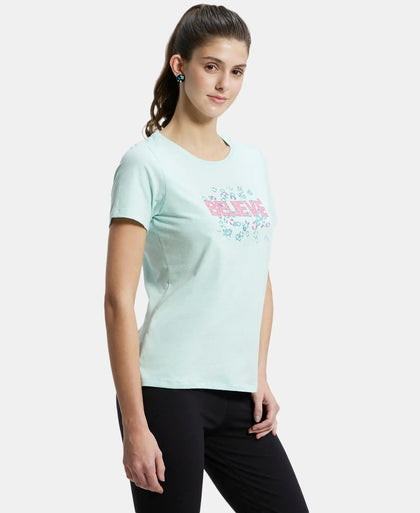 Super Combed Cotton Elastane Stretch Regular Fit Graphic Printed Round Neck Half Sleeve T-Shirt  - Blue tint melange print051-2