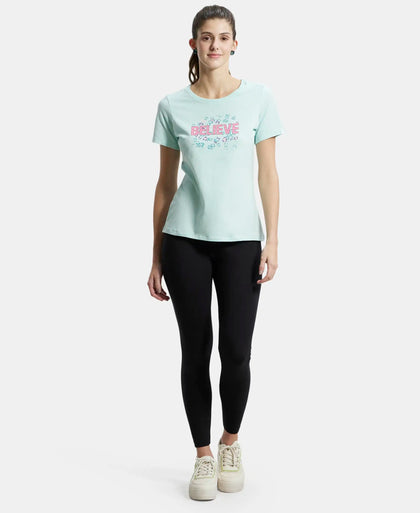 Super Combed Cotton Elastane Stretch Regular Fit Graphic Printed Round Neck Half Sleeve T-Shirt  - Blue tint melange print051-4