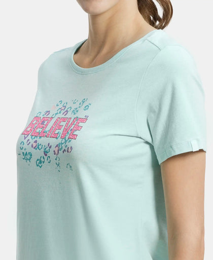 Super Combed Cotton Elastane Stretch Regular Fit Graphic Printed Round Neck Half Sleeve T-Shirt  - Blue tint melange print051-6