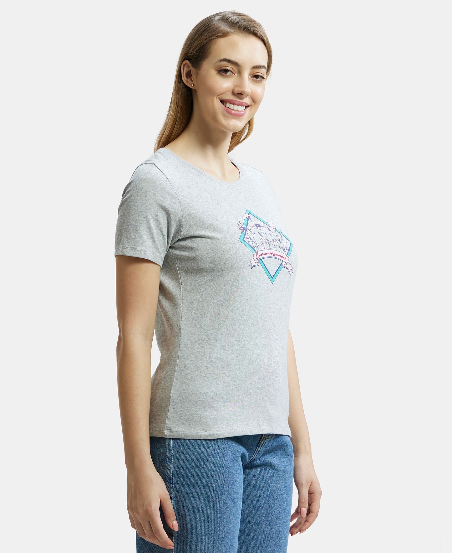Super Combed Cotton Elastane Stretch Regular Fit Graphic Printed Round Neck Half Sleeve T-Shirt  - Light grey melange print044-2