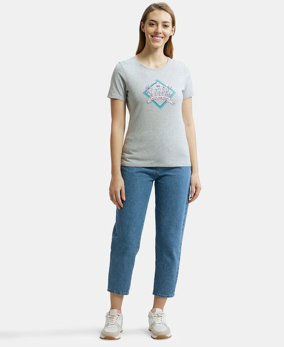 Super Combed Cotton Elastane Stretch Regular Fit Graphic Printed Round Neck Half Sleeve T-Shirt  - Light grey melange print044-4