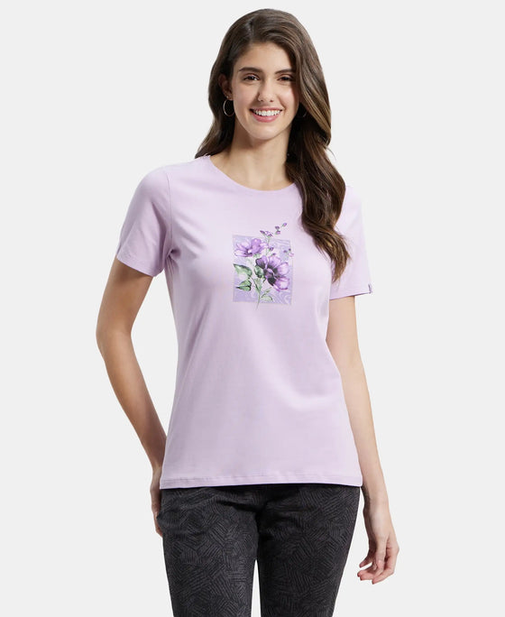 Super Combed Cotton Elastane Stretch Regular Fit Graphic Printed Round Neck Half Sleeve T-Shirt  - Orchid Bloom-1