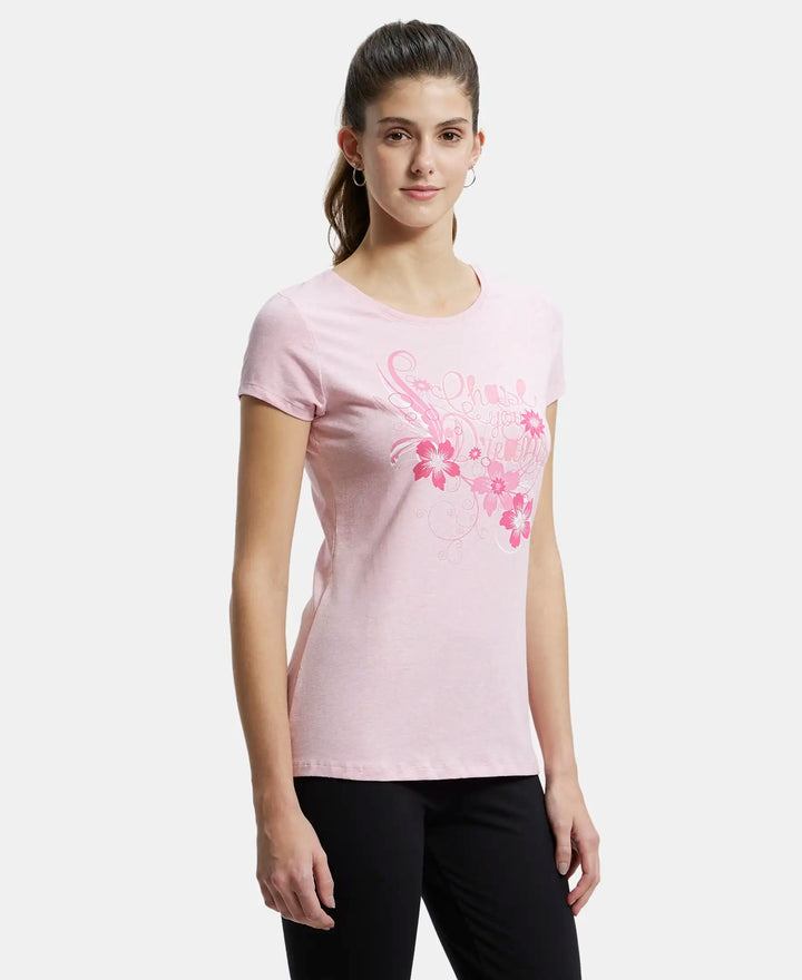 Super Combed Cotton Elastane Stretch Regular Fit Graphic Printed Round Neck Half Sleeve T-Shirt  - Pink lady melange print048-2