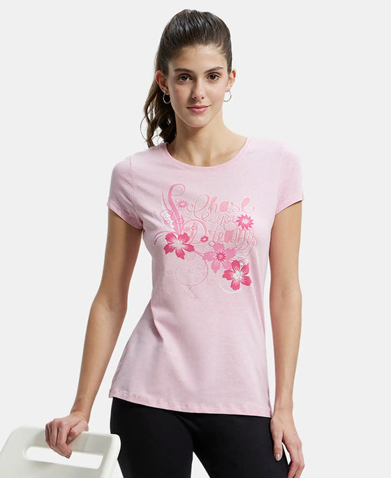 Super Combed Cotton Elastane Stretch Regular Fit Graphic Printed Round Neck Half Sleeve T-Shirt  - Pink lady melange print048-5