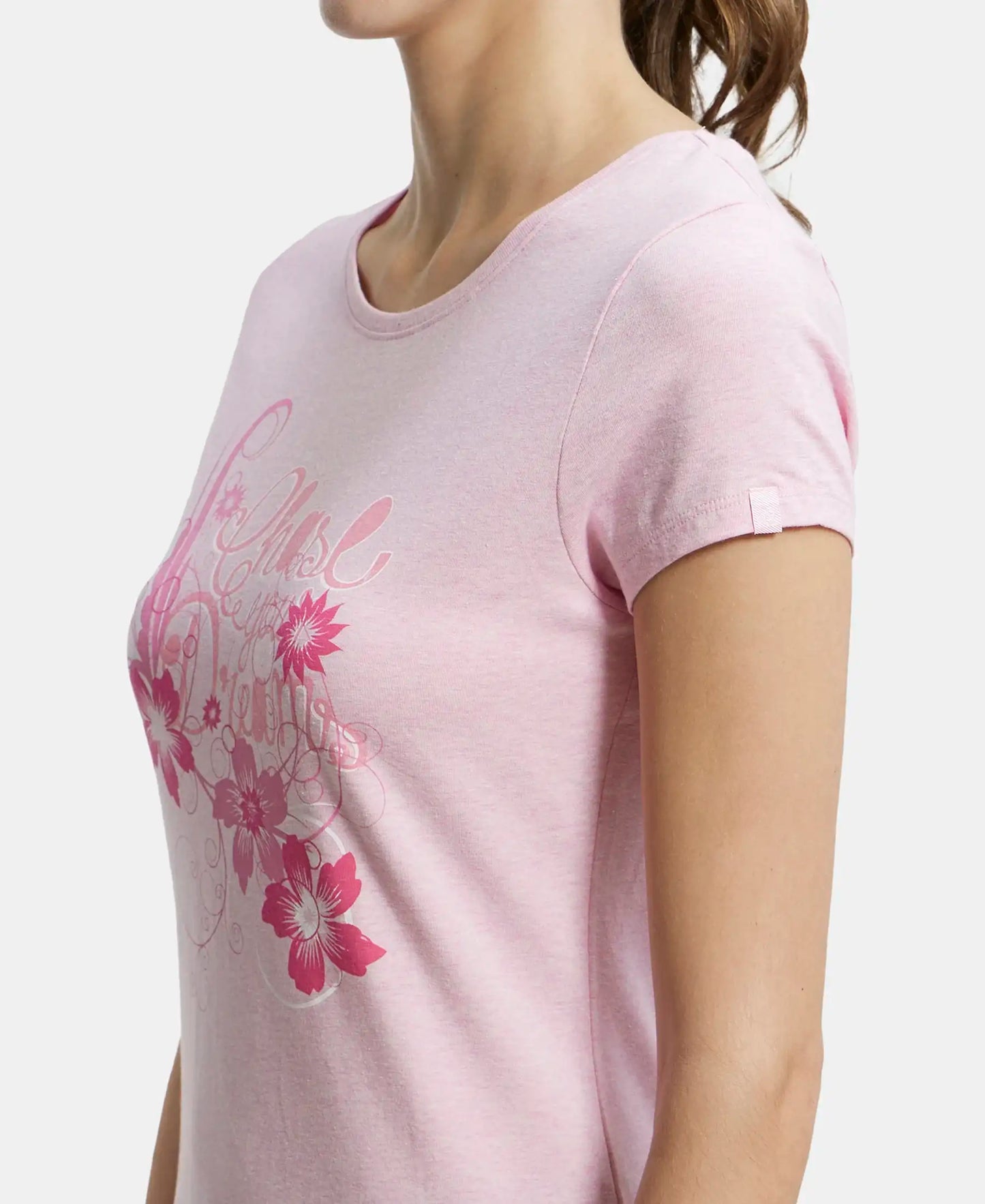 Super Combed Cotton Elastane Stretch Regular Fit Graphic Printed Round Neck Half Sleeve T-Shirt  - Pink lady melange print048-6