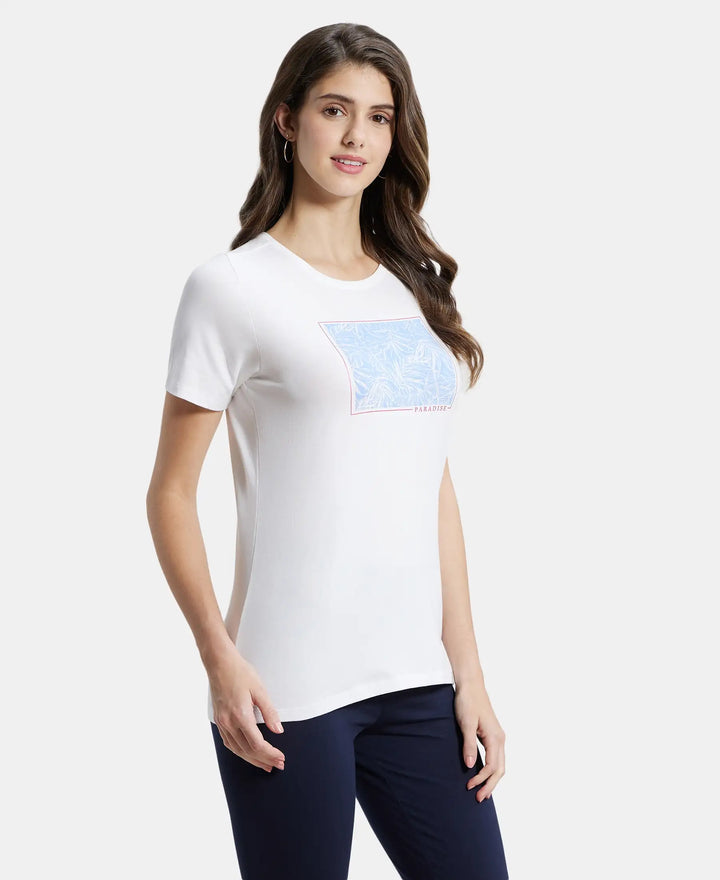 Super Combed Cotton Elastane Stretch Regular Fit Graphic Printed Round Neck Half Sleeve T-Shirt  - White-2