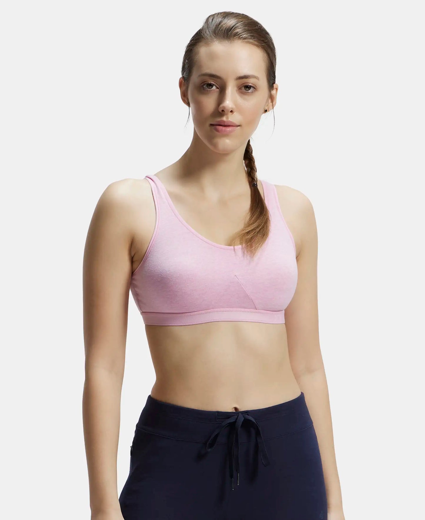 Wirefree Non Padded Super Combed Cotton Elastane Full Coverage Slip-On Active Bra with Wider Straps and Moisture Move Treatment - Pink Lady Melange-1