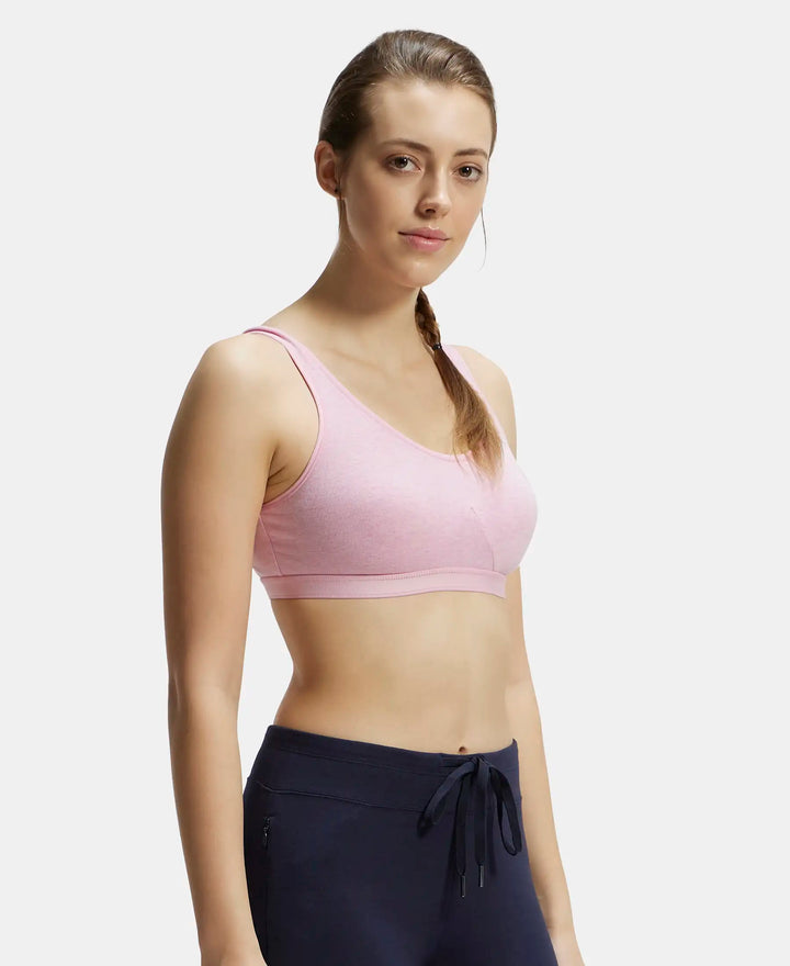 Wirefree Non Padded Super Combed Cotton Elastane Full Coverage Slip-On Active Bra with Wider Straps and Moisture Move Treatment - Pink Lady Melange-2