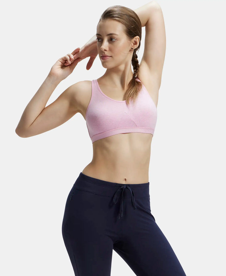 Wirefree Non Padded Super Combed Cotton Elastane Full Coverage Slip-On Active Bra with Wider Straps and Moisture Move Treatment - Pink Lady Melange-6