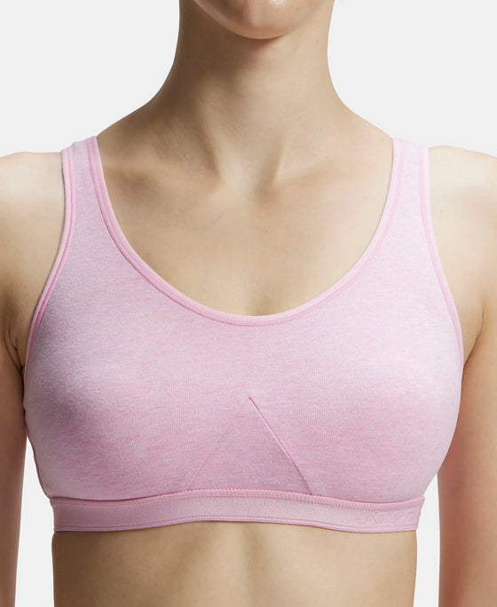 Wirefree Non Padded Super Combed Cotton Elastane Full Coverage Slip-On Active Bra with Wider Straps and Moisture Move Treatment - Pink Lady Melange-7