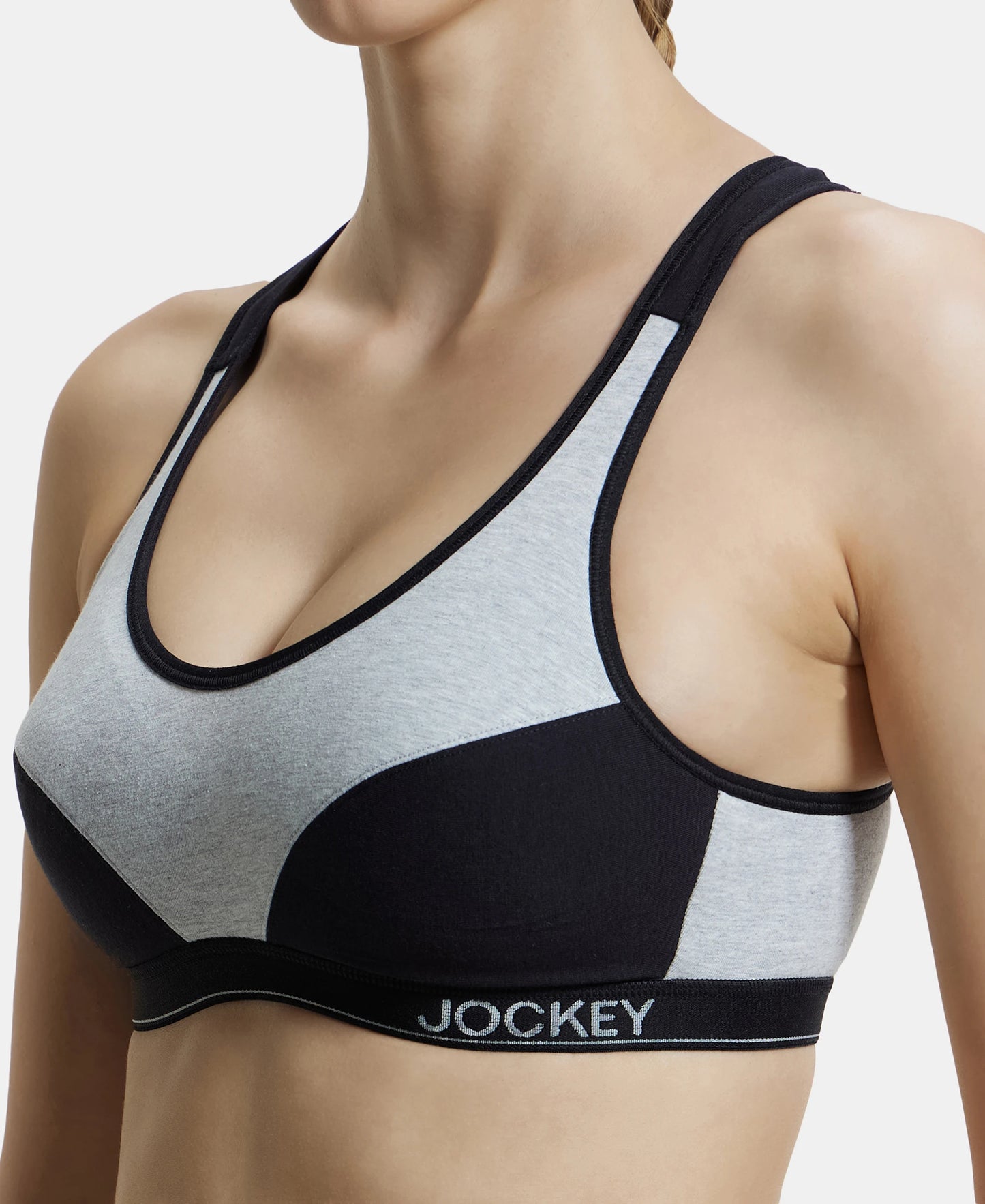Wirefree Padded Super Combed Cotton Elastane Stretch Full Coverage Racerback Styling Active Bra with StayFresh and Moisture Move Treatment - Steel Grey Melange main image 1