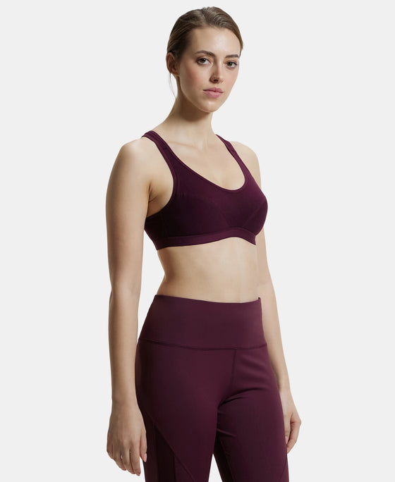 Wirefree Padded Super Combed Cotton Elastane Full Coverage Racer Back Active Bra with StayFresh and Moisture Move Treatment - Wine Tasting-2