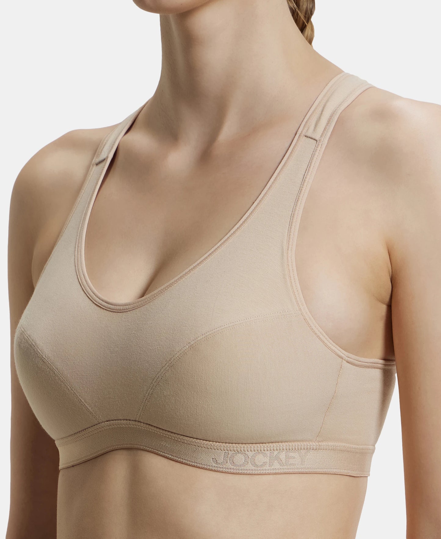 Wirefree Padded Super Combed Cotton Elastane Full Coverage Racer Back Active Bra with StayFresh and Moisture Move Treatment - Skin-7