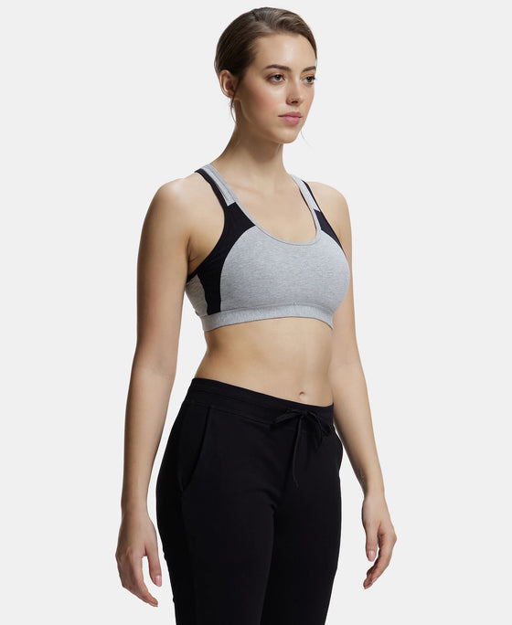 Wirefree Padded Super Combed Cotton Elastane Full Coverage Racer Back Styling Active Bra with StayFresh and Moisture Move Treatment - Light Grey Melange & Black-2