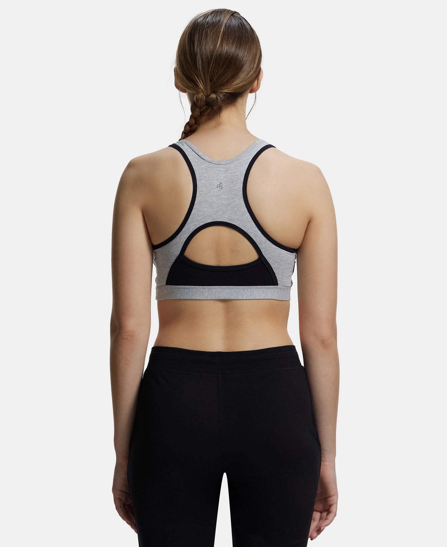 Wirefree Padded Super Combed Cotton Elastane Full Coverage Racer Back Styling Active Bra with StayFresh and Moisture Move Treatment - Light Grey Melange & Black-3