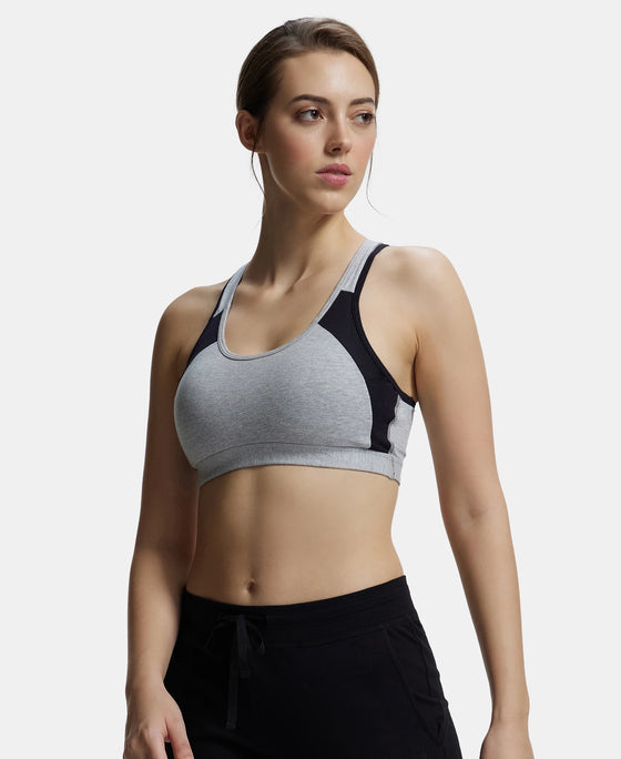 Wirefree Padded Super Combed Cotton Elastane Full Coverage Racer Back Styling Active Bra with StayFresh and Moisture Move Treatment - Light Grey Melange & Black-5