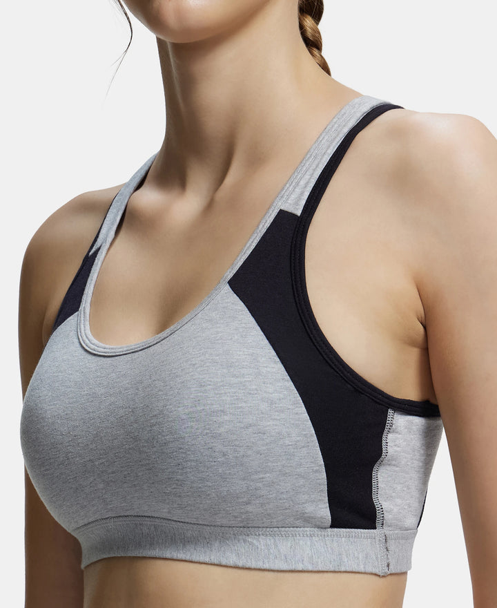 Wirefree Padded Super Combed Cotton Elastane Full Coverage Racer Back Styling Active Bra with StayFresh and Moisture Move Treatment - Light Grey Melange & Black-7