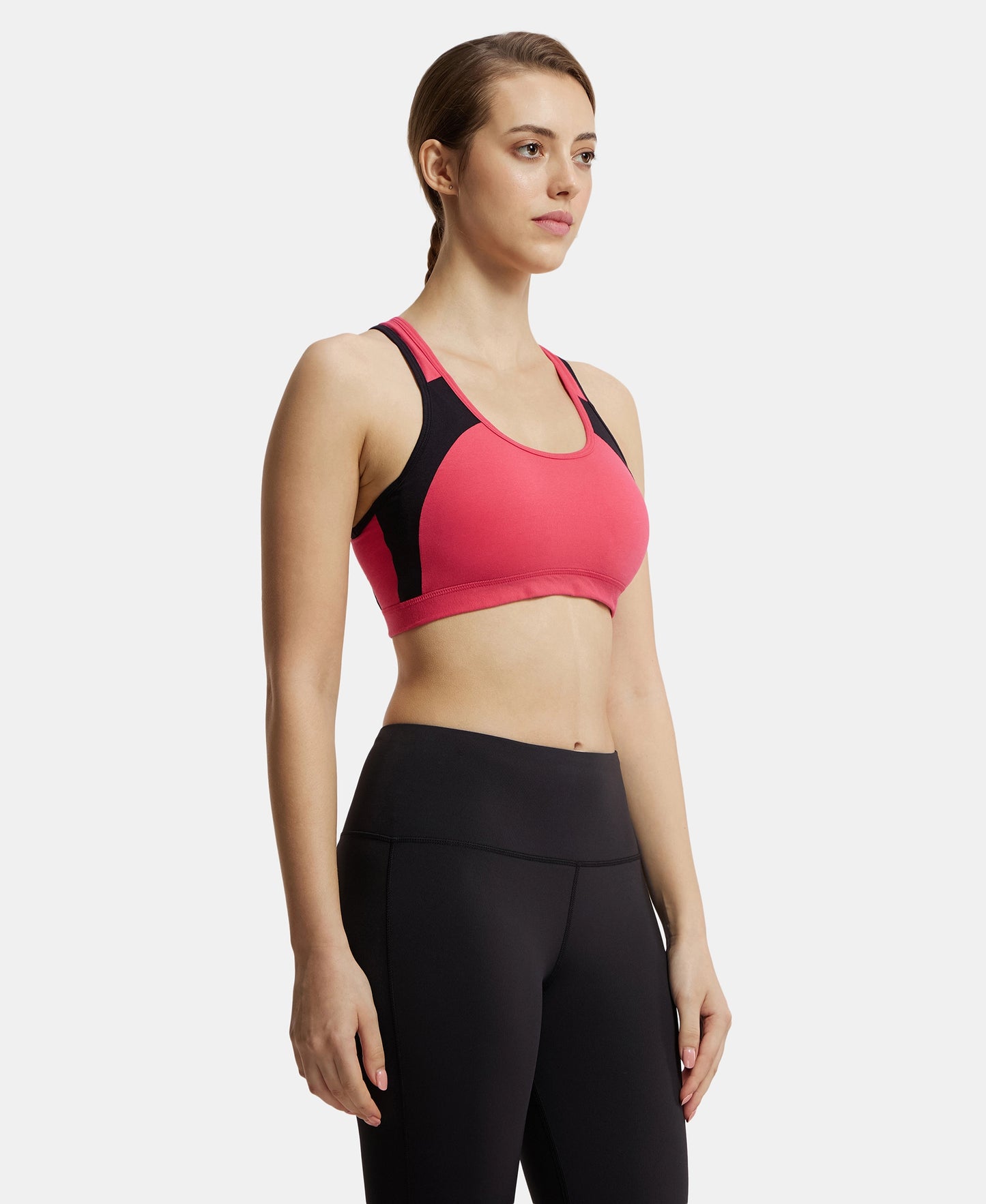 Wirefree Padded Super Combed Cotton Elastane Full Coverage Racer Back Styling Active Bra with StayFresh and Moisture Move Treatment - Ruby & Black-2