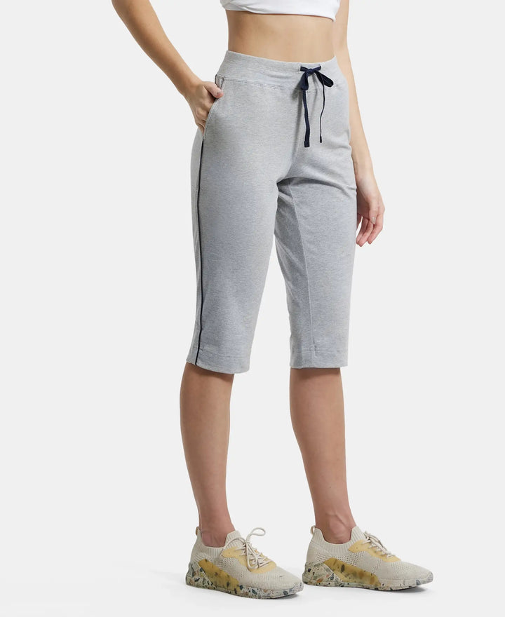 Super Combed Cotton Elastane Relaxed Fit Capri with Side Pockets - Light Grey Melange-2