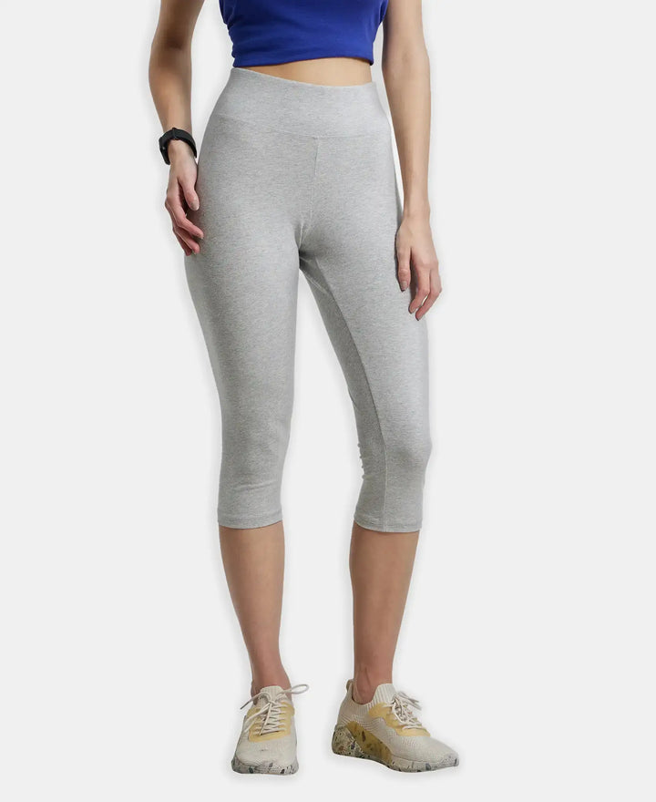 Super Combed Cotton Elastane Slim Fit Capri with Ultrasoft Waistband - Lt Grey Melange & Gloxinia-1