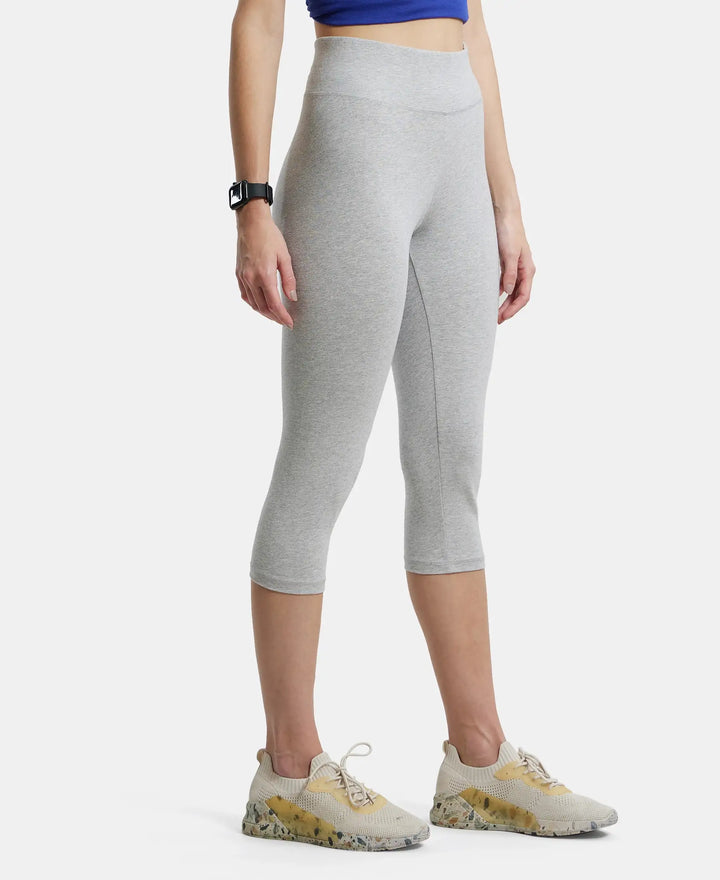 Super Combed Cotton Elastane Slim Fit Capri with Ultrasoft Waistband - Lt Grey Melange & Gloxinia-2