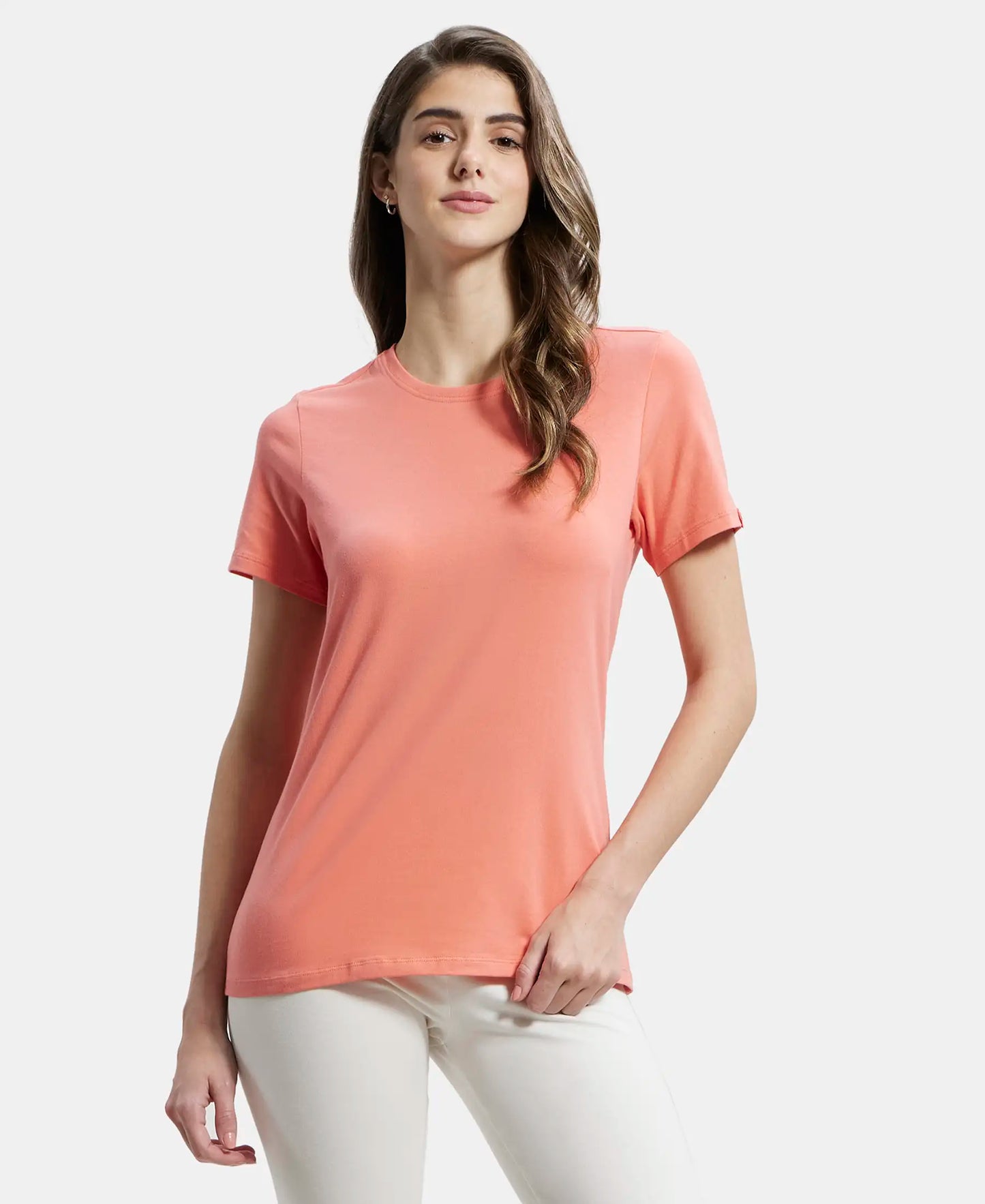 Super Combed Cotton Elastane Regular Fit Solid Round Neck Half Sleeve T-Shirt - Blush Pink-5