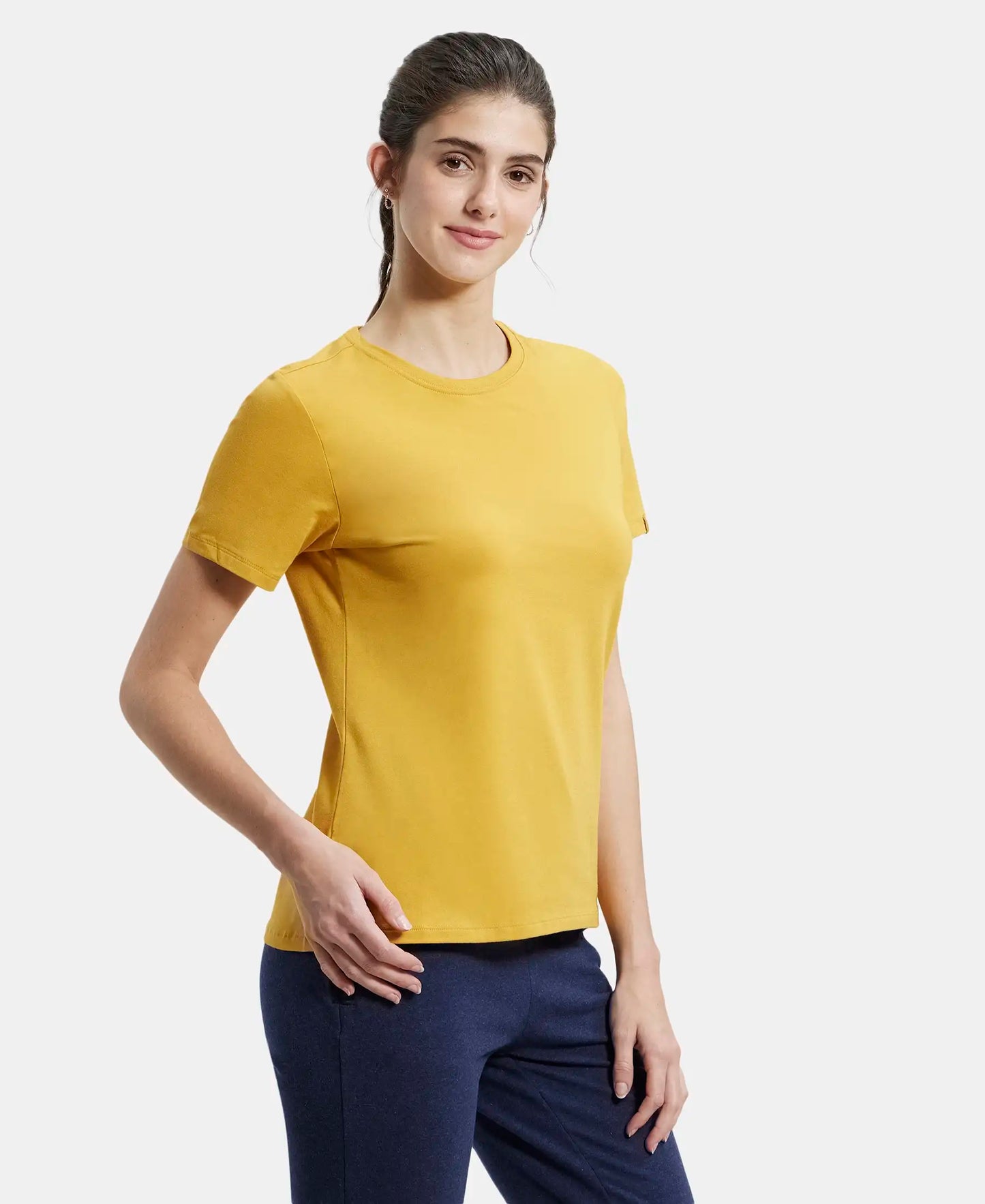 Super Combed Cotton Elastane Regular Fit Solid Round Neck Half Sleeve T-Shirt - Golden Spice-2